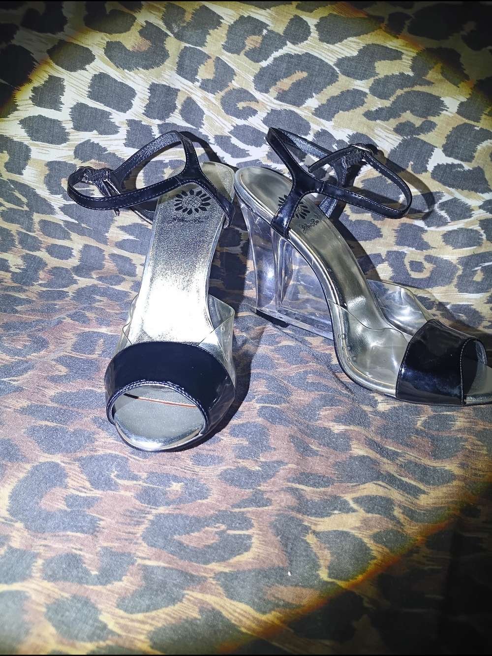 Vintage Yellow Box Bermuda Black Patent Leather Clear Lucite Wedge Sandals Women